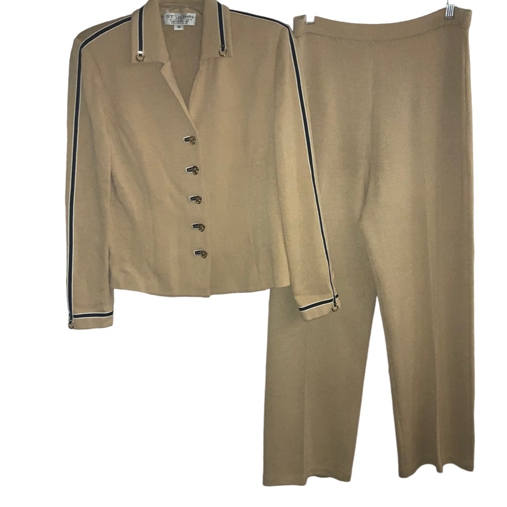 St. John Marie Gray Soft Yellow Black Stripe 3 Piece Skirt Pant Set Size 10/12